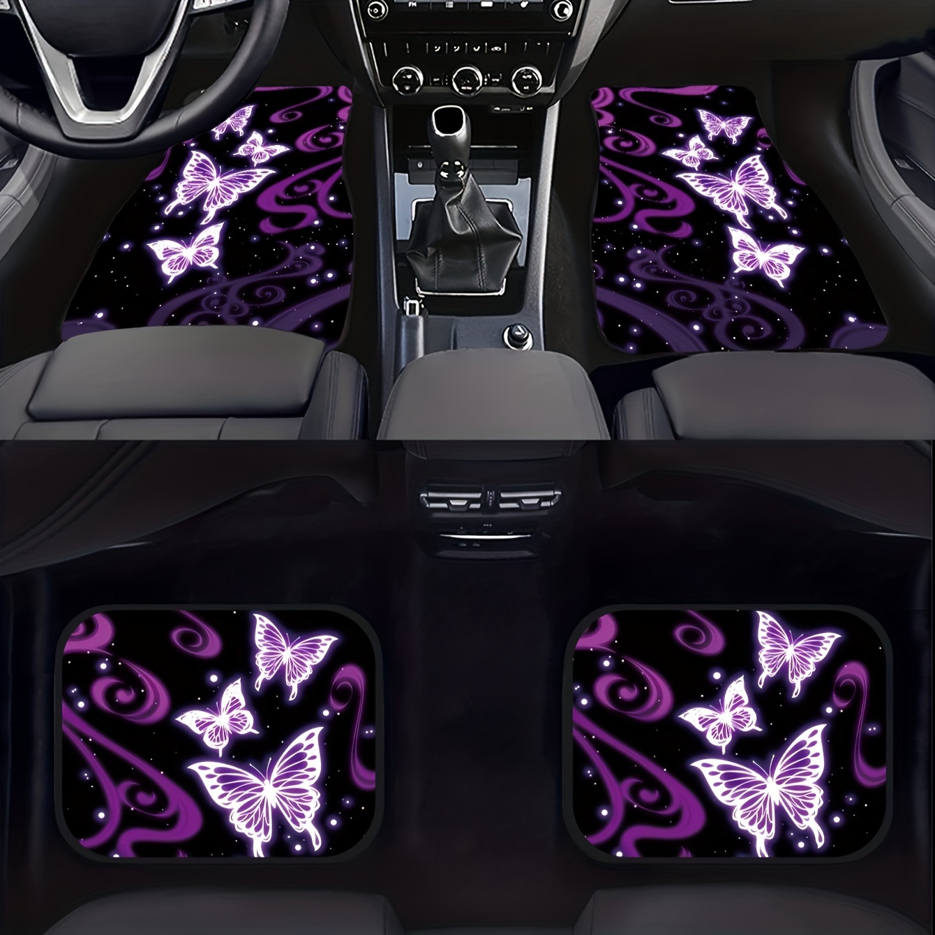 

4pcs Purple And White Car Floor Mats For Front And Rear Seats - Stylish Auto Interior Decoration With Non-slip Design