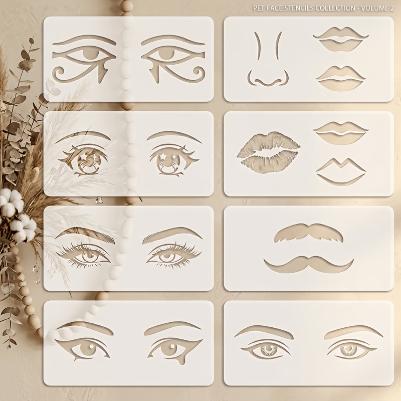 TEMU 8 Herbruikbare Schildersjablonen voor , Lippen en Baard voor Schilderen, Tekenen, Knutselen, Muurkunst, Meubels, Canvas en Kunststofmaterialen.