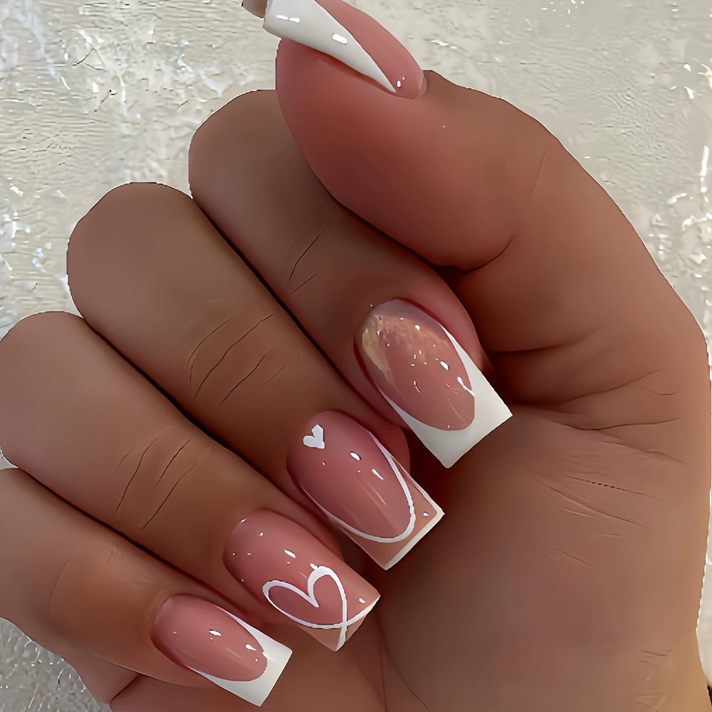 TEMU 24pcs Press-on Nails Suitable For Nail Extensions With Jelly Glue & Nail File - Short Square False Nails, Suitable For Valentine's Day,
