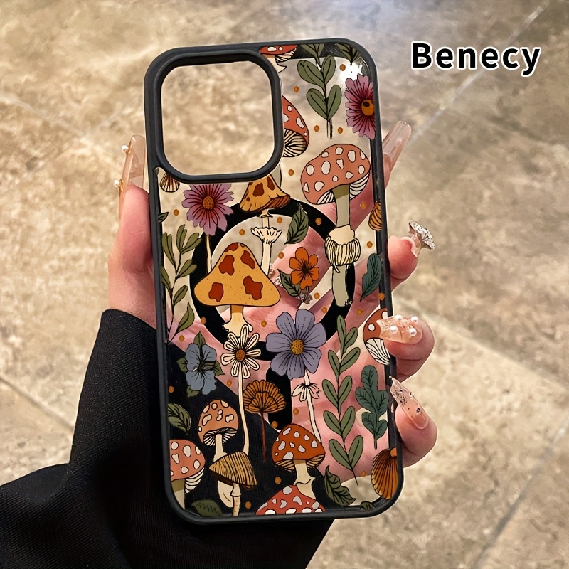 Case for iPhone 16 Pro Max 16e 15 Plus 14 13 12 11 XS Max XR X Forest Mushroom Magnetic Fit Pattern Shockproof Silicone Non-Yellowing Transparent Protective Smartphone Colorful border Cover Gift
