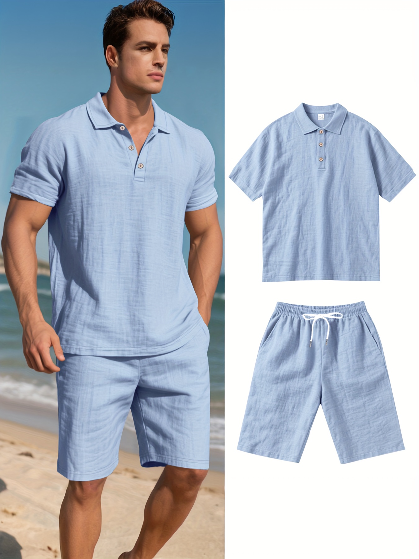 Men's Linen Short Sleeve Shorts Set, Summer Outdoor Sports Casual Breathable Short Sleeve Shirt with Shorts