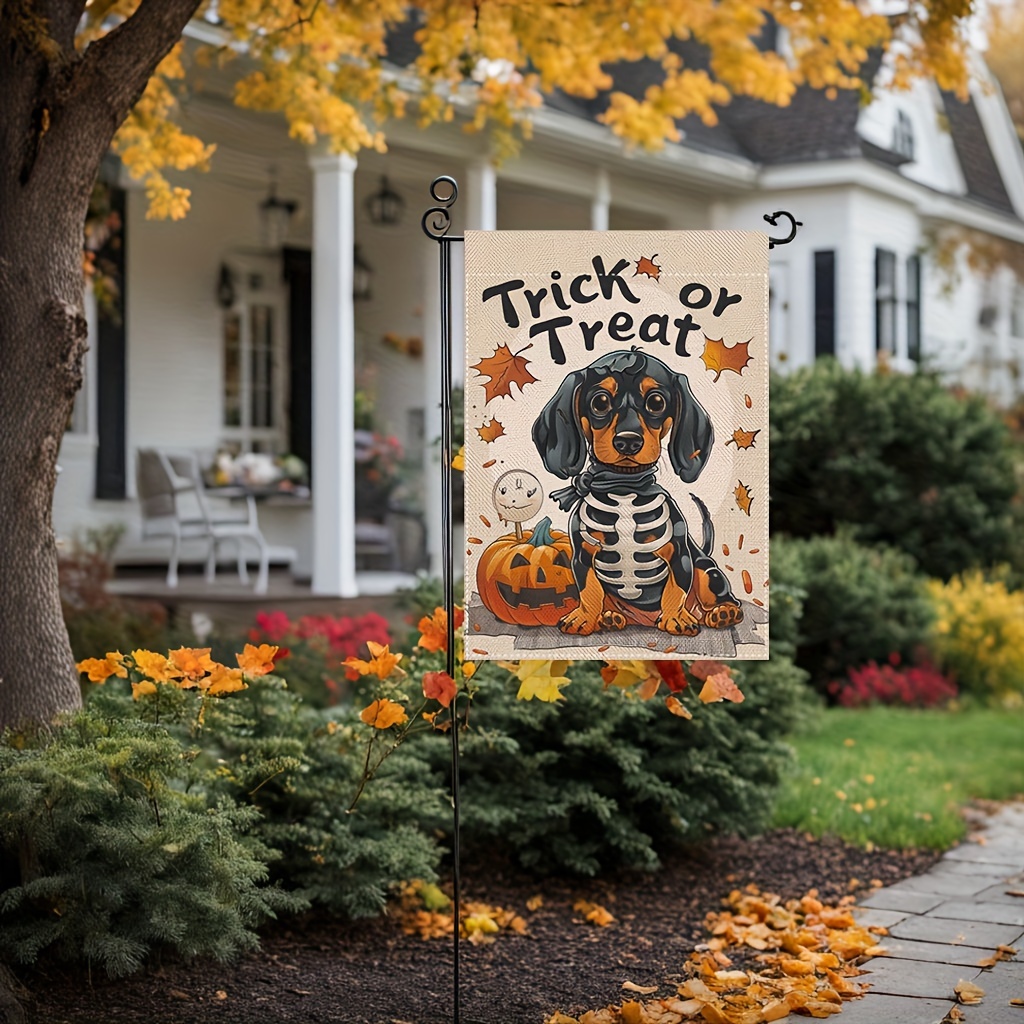 

Spooky Dachshund Skeleton & Pumpkin Halloween Garden Flag - Reversible Linen, Perfect For Outdoor Yard Decor, 12x18 Inch, No Pole Included Halloween Yard Decorations Halloween Garden Decor