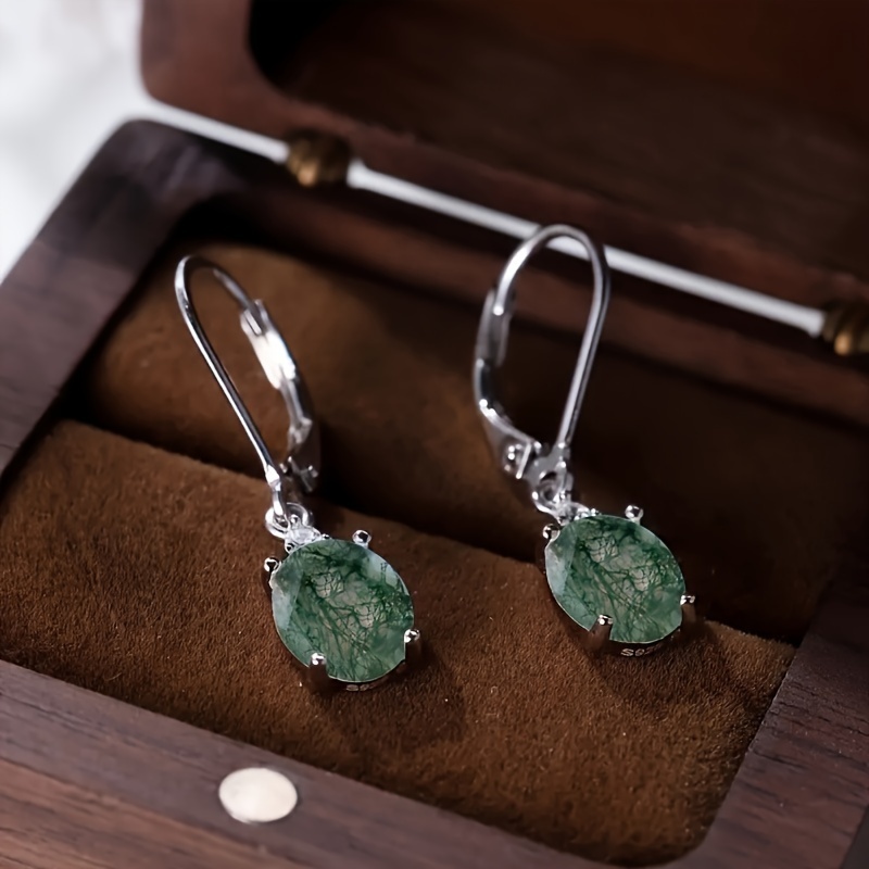 S925 Silvery Water Grass Agate Pendant Earrings