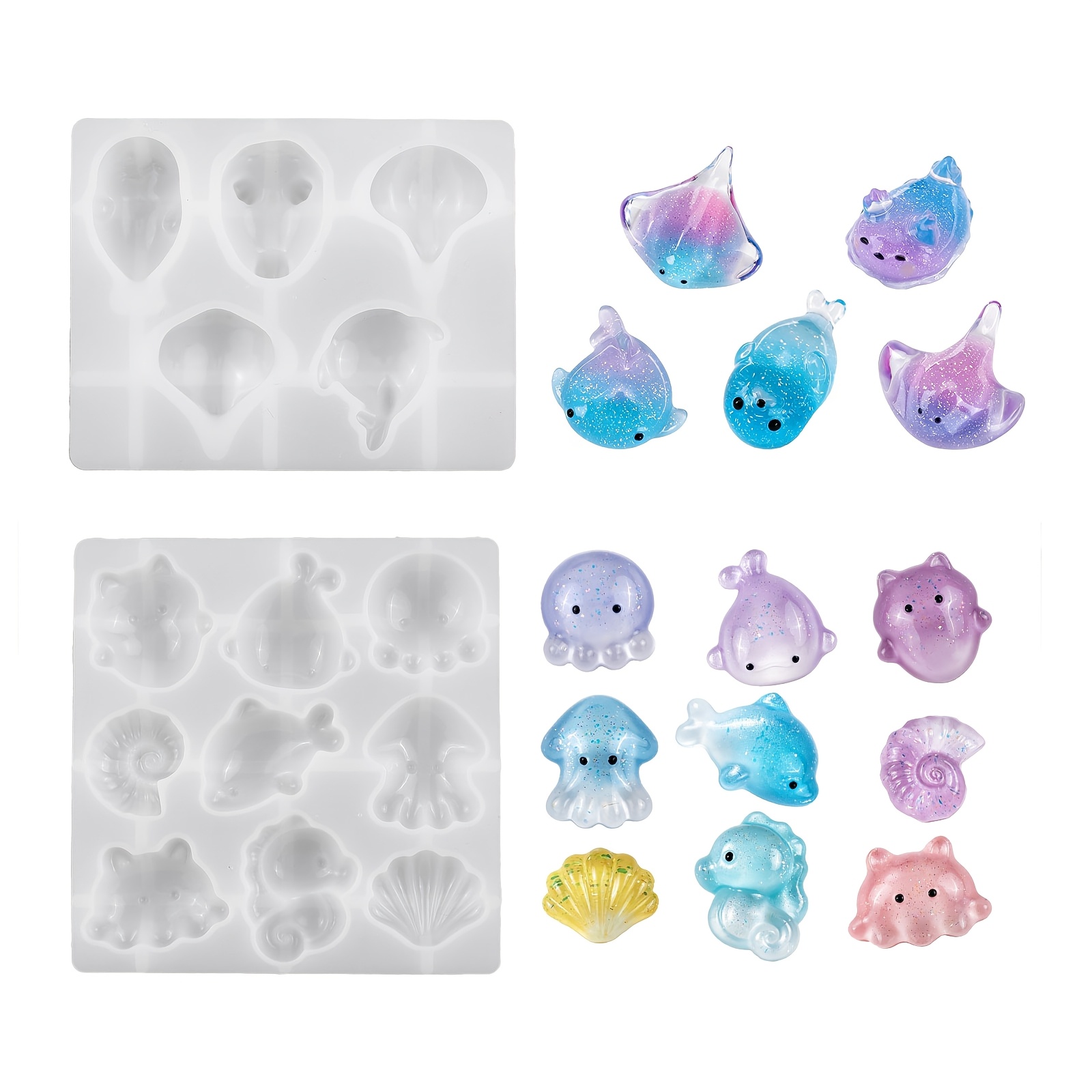 TEMU 2pcs Set Ocean Animal Silicone Mold Suitable For Resin Crafts - Non- Shell & Fish Molds With Seahorse, Seal, Octopus Shapes For Diy Making,,