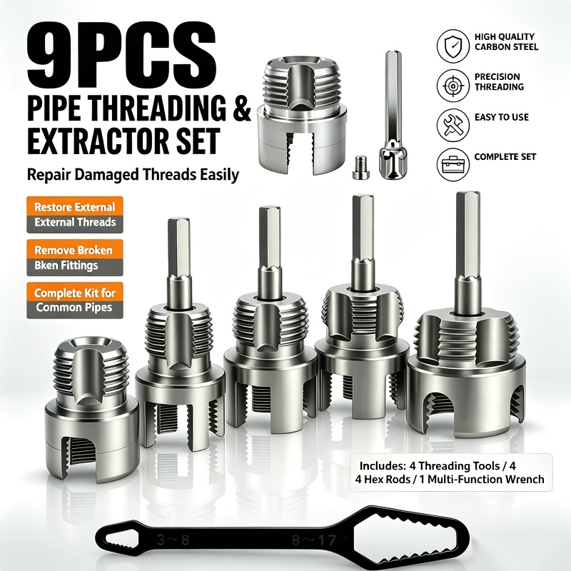 Image of 9pcs Pipe Threading And Extractor Set, Water Pipe Thread Repair Tap And Screw Extractor Kit, Carbon Steel Plumbing Repair Tool, Works With Drill And Wrench For Faucet Angle Valve Thread Restoration