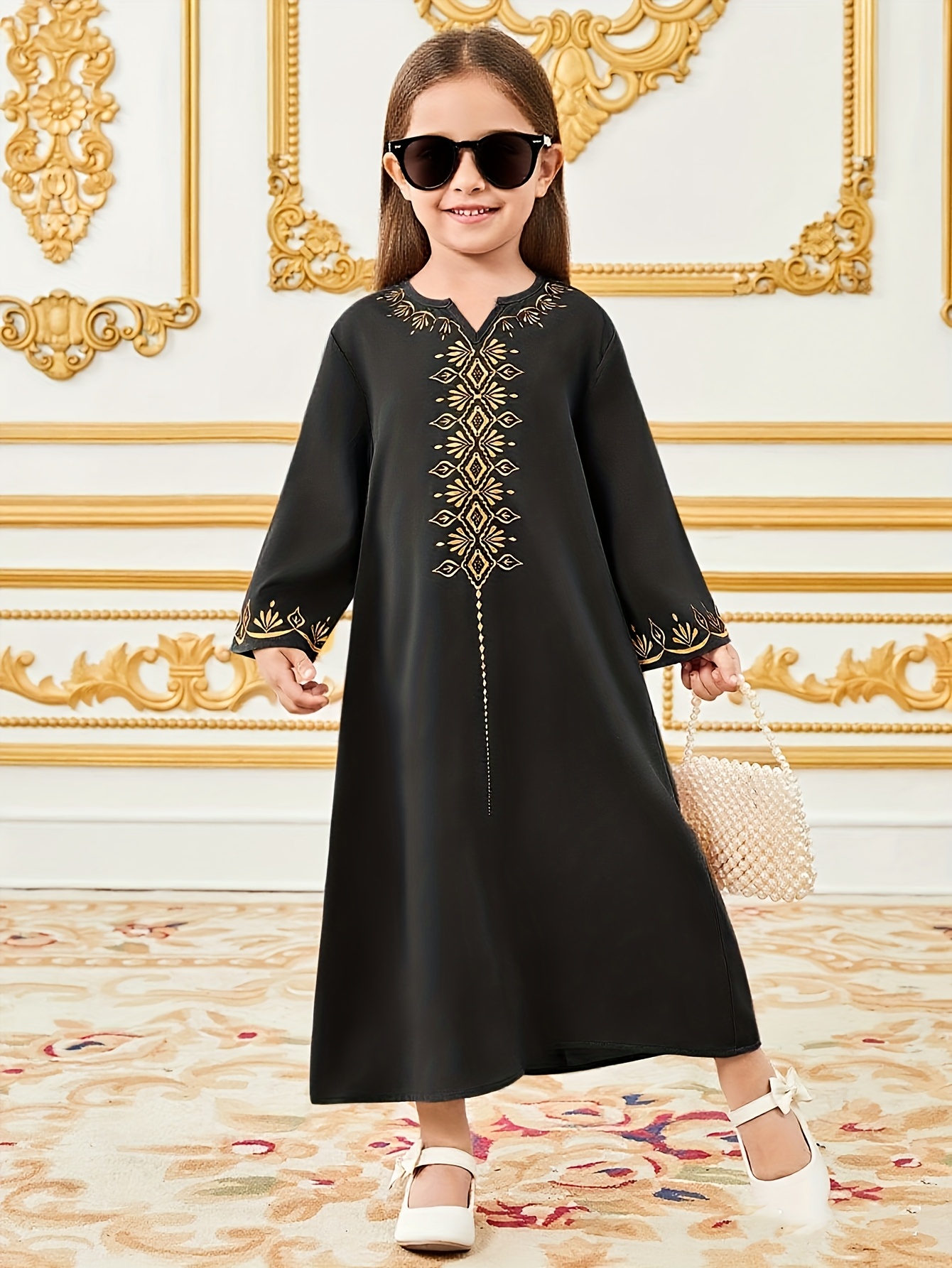 Vintage Teen Girl Dress, Golden Floral Line * Back Teardrop Button Pullover  Girls Dress, Suitable for Parties, Casual, School, Home, Woven Fabric