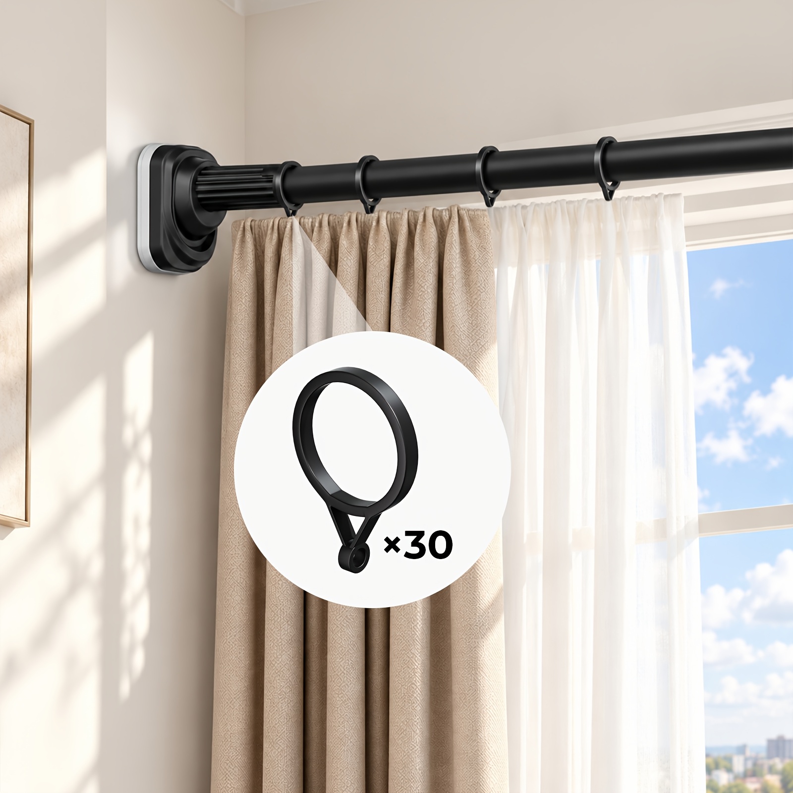 TEMU 2.6-3.5m Extra Long Telescopic Rod, No-drill Curtain Rod, Heavy Duty Tension Rod Sturdy Support With 30 Curtain Rings, Multifunctional Black