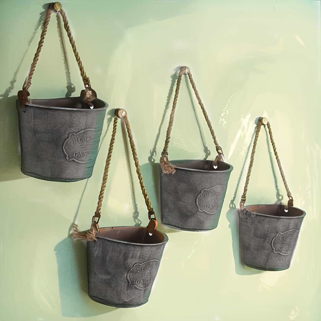 Rustic Style Iron Flower Pot With Rope - Iron Flower Pot For Succulents And Herbs, Rustic Style Home Decoration4pcs