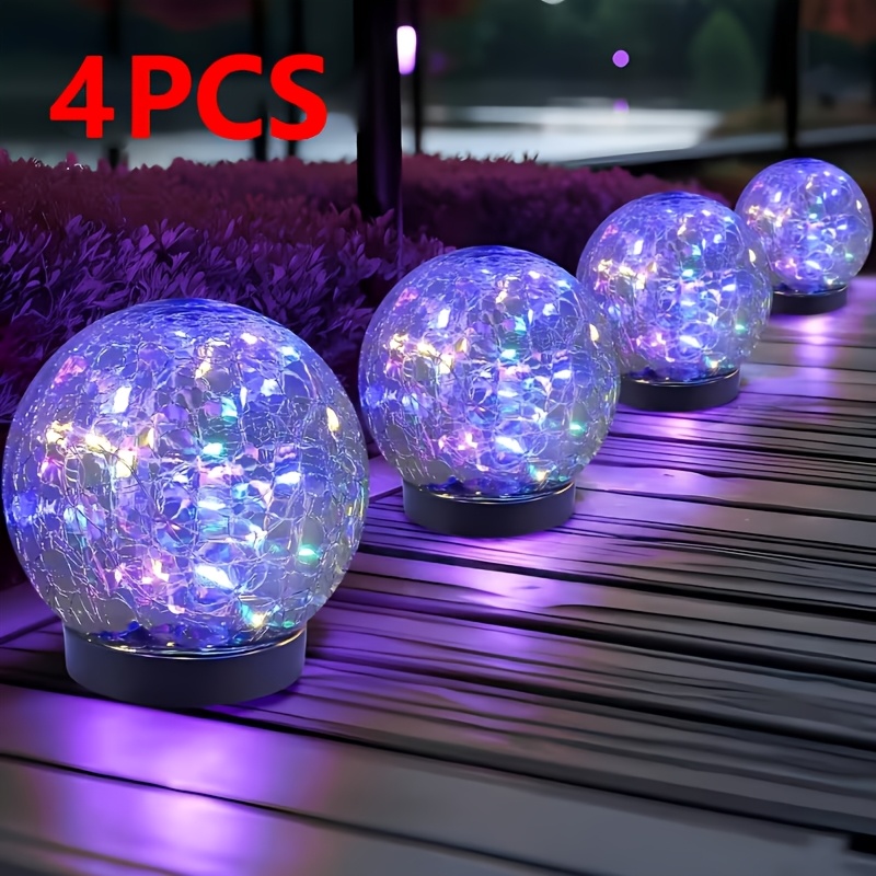 TEMU 4pcs Solar Cracked Glass Ball Lamp Garden Led Decorative Lamp Ip66 Daytime Charging Night Automatic Lighting Suitable For Courtyard, Lawn,