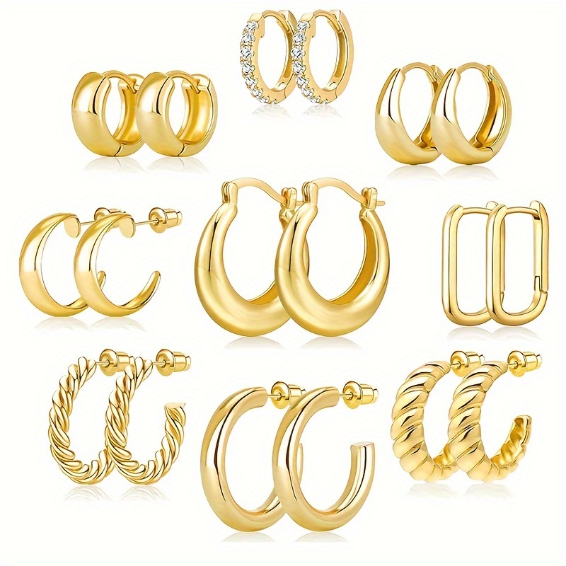 

9 Pairs Hoop Earrings For Women Girls Chunky Hoop Earrings Hypoallergenic, Thick Open Twisted Huggie Hoops Earring Set For Christmas Birthday Party Woman Day Mother Gifts