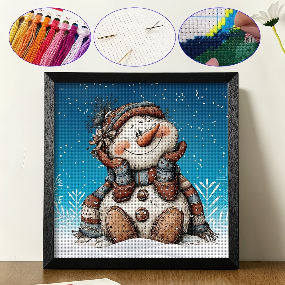 TEMU 1 Set Retro Winter Knitted Snowman Theme 11ct Precise Printing Cross Stitch Kit 14.17 X 14.17 Inches Hand Embroidery Material Bag Full Tool Set