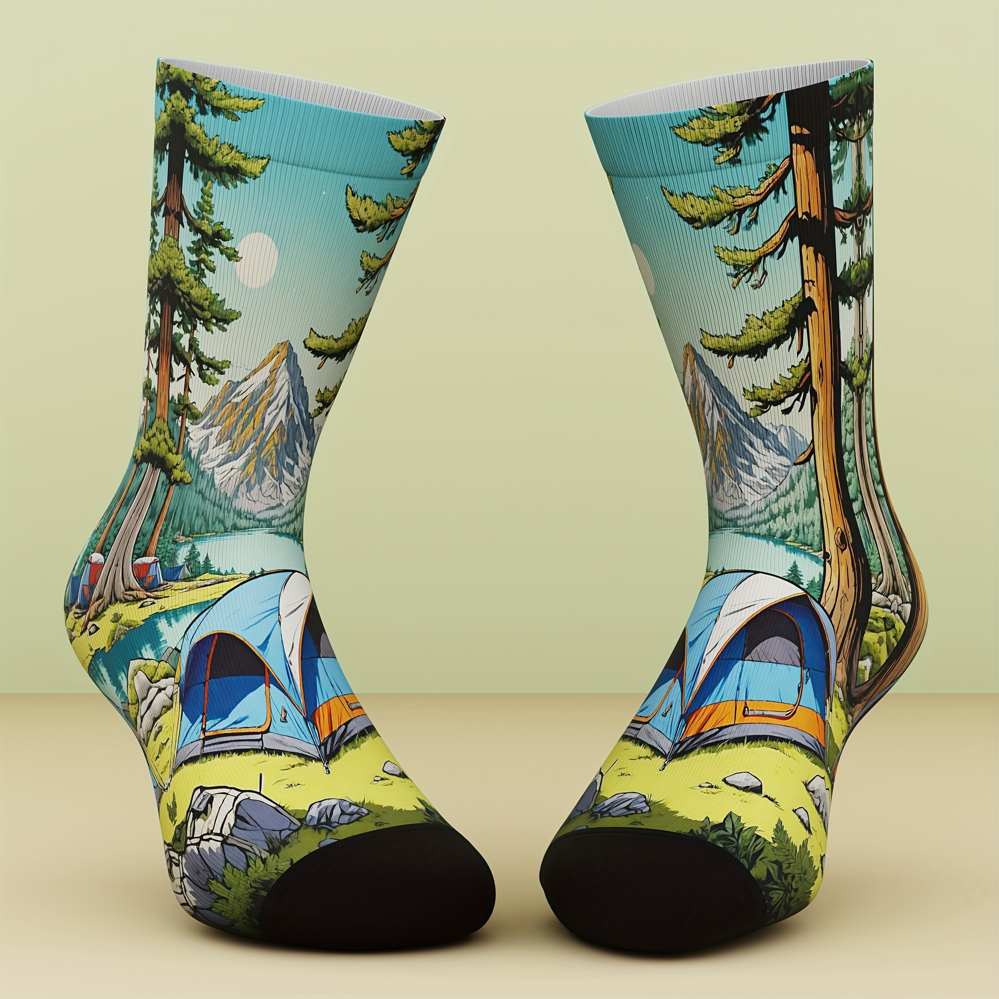 TEMU 1 Pair Of Unisex Socks, Camping Theme, Natural Scenery Pattern, Fresh And Bright, Fashionable And Comfortable, Novelty Sock Gift, Suitable For