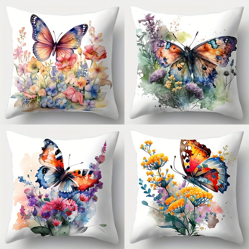 

4-piece Vintage Butterfly & Floral Throw Pillow Covers Set, 17.7" Square, Single-sided Print, Polyester, Zip Closure - Perfect For Living Room Sofa Decor (pillow Inserts Not Included)