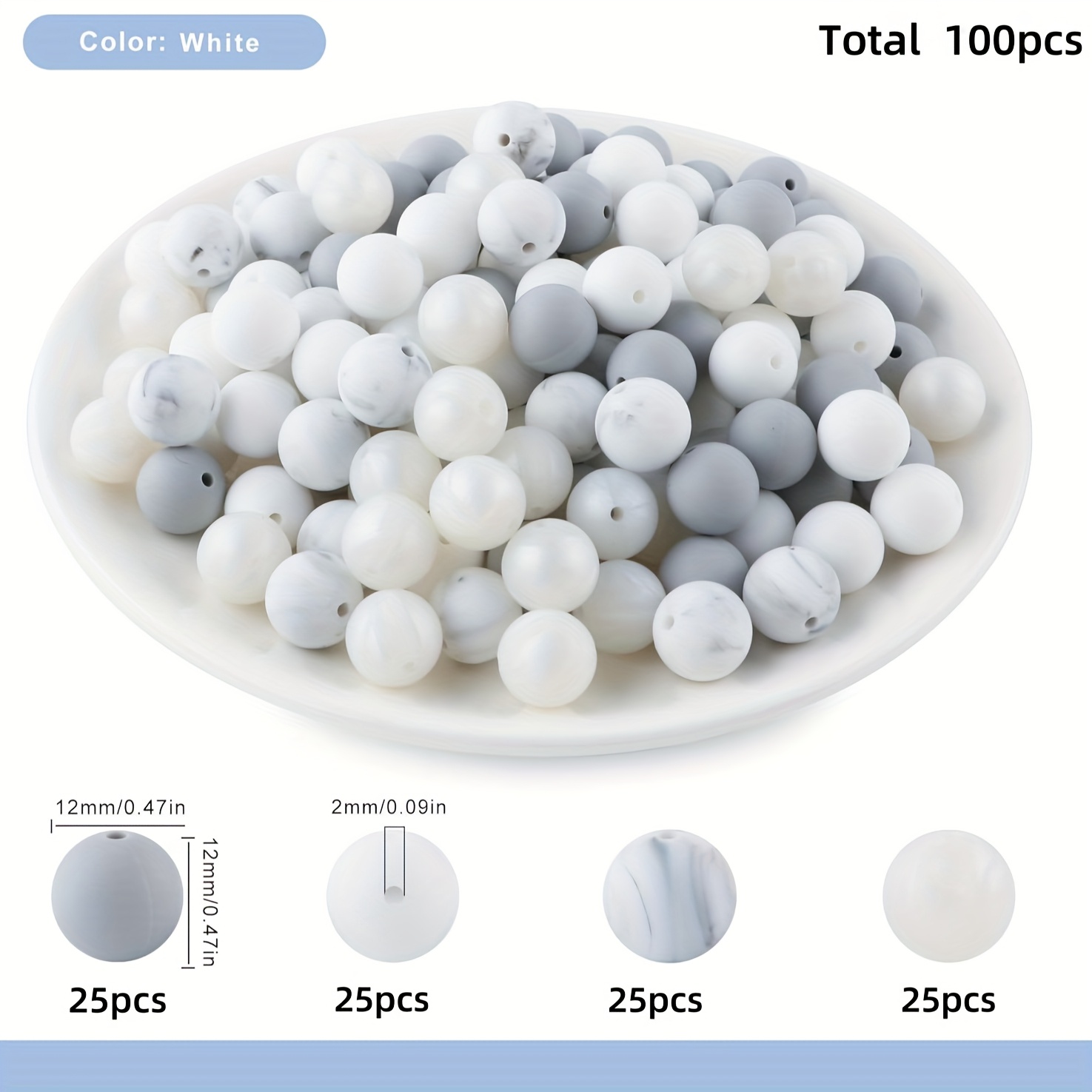 Image of 100pcs Silicone Beads 9/12/15mm , Bulk Silicone Beads For Keychain Making, 15mm Silicone Beads For Pens And Bracelet Making(white)