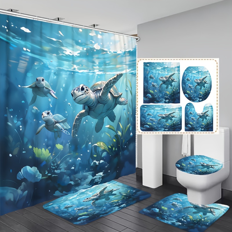 

1/3/4pcs Sea Turtle Print Set, Waterproof Bathroom Curtain With Free Hooks, Non-slip Rug, Toilet Lid Mat And Bath Mat, Bathroom Accessories