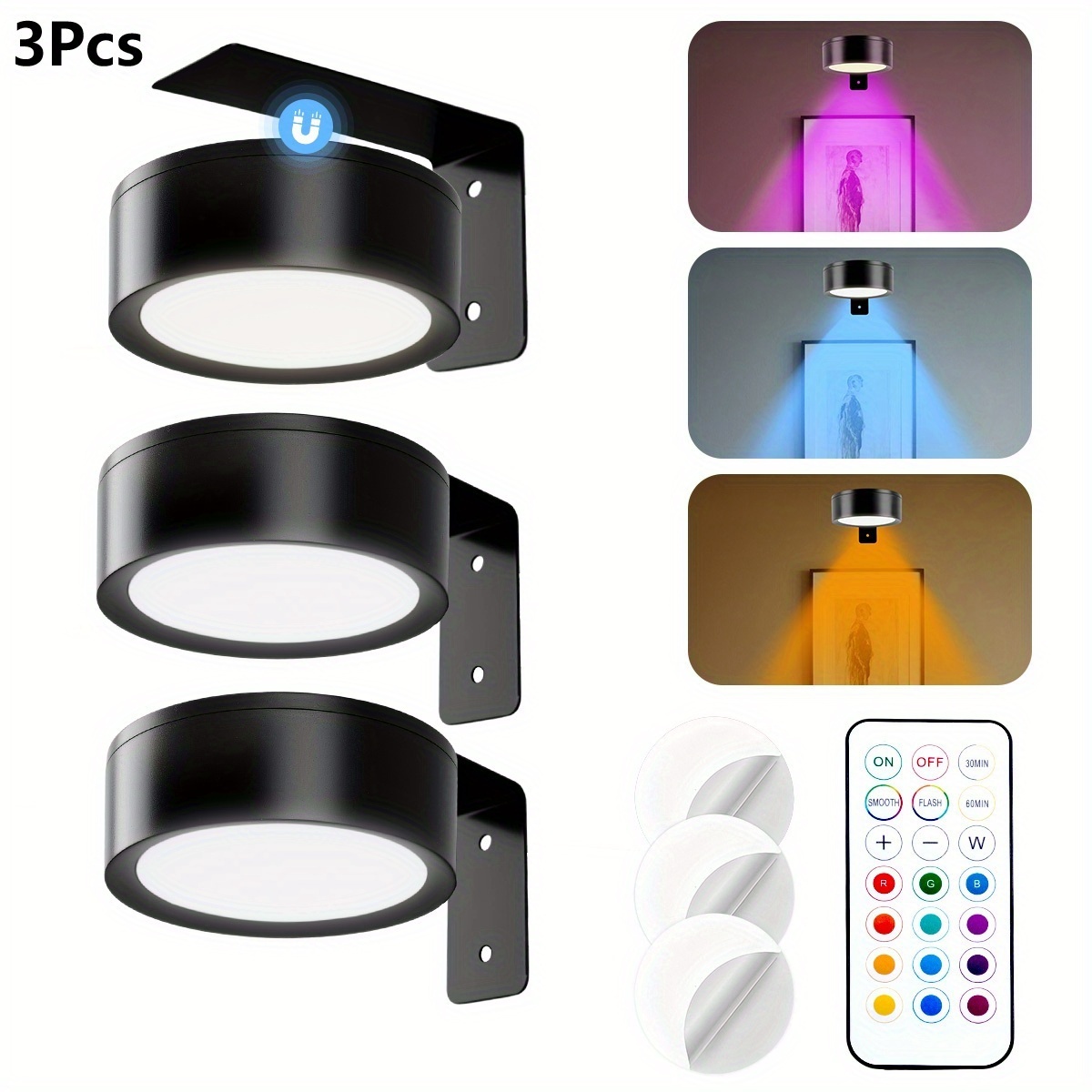 TEMU 3/6pcs Picture Light Battery Operated, 13 Rgb Color Magnetic Led Art Display Light For Picture Frame Artworking, Wireless Painting Light With