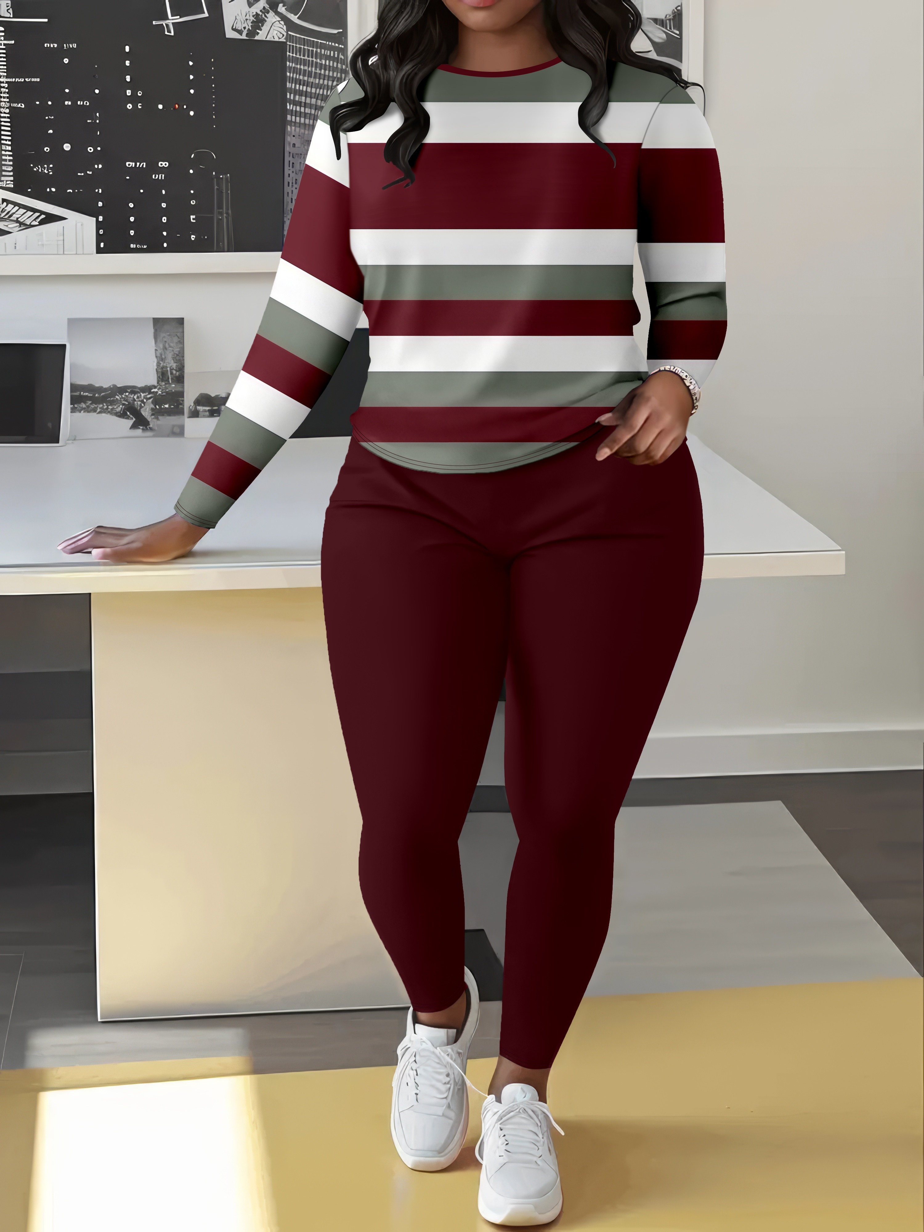 plus size women's stylish striped top solid color skinny Temu