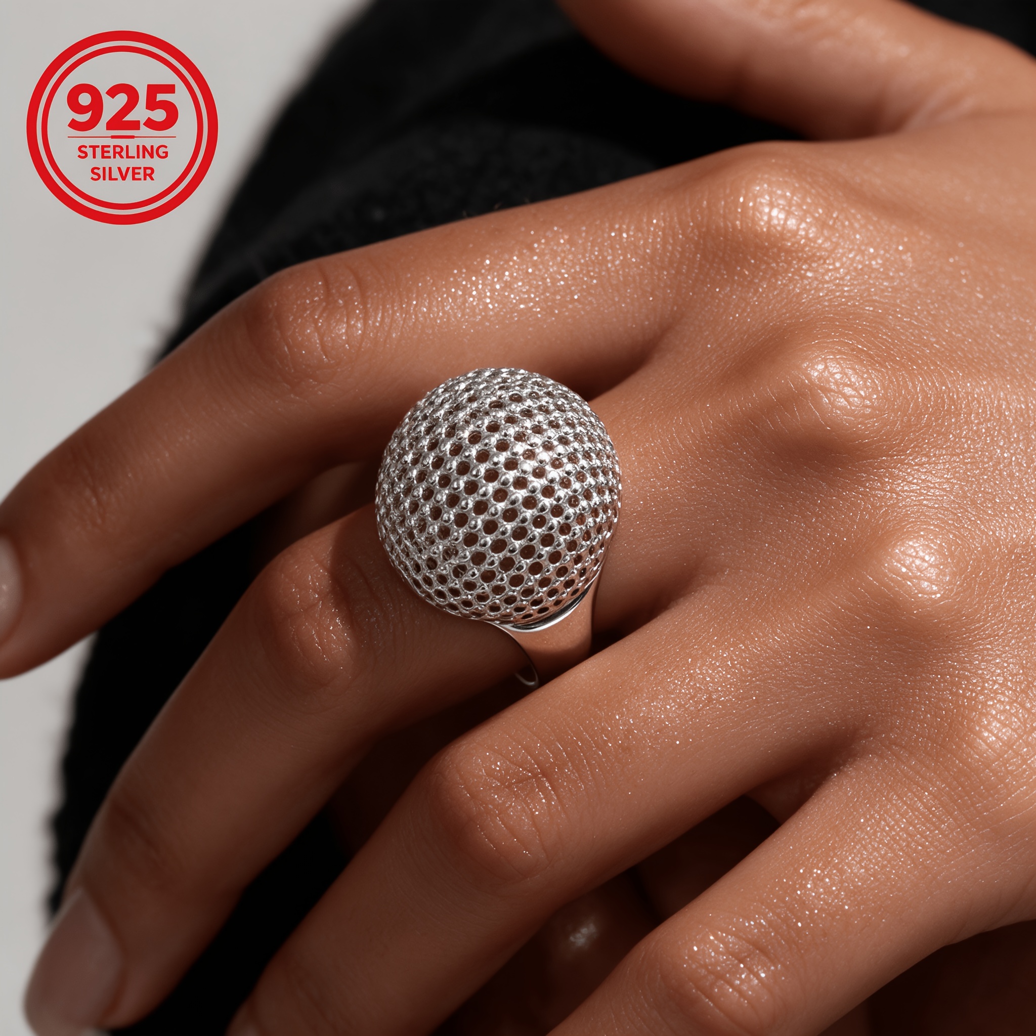 925 Silver Low-Allergy Adjustable Bead Hollow Ring