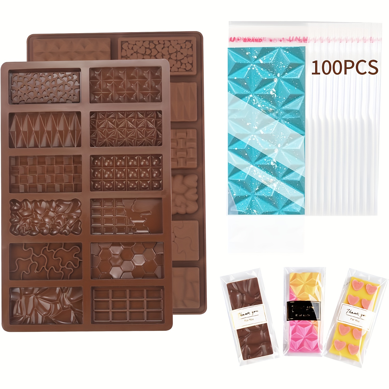 Image of 102pcs/chocolate Bar Mold Deep, Silicone Chocolate Mold With Bags, Break Apart Thick Chocolate Bar Molds Wax Melt Molds For Dubai Pistachio Chocolate Bar Stuffed Bar