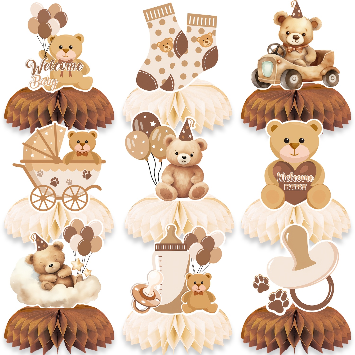 TEMU 9pcs Bear Baby Shower Honeycomb Centerpieces, Brown & Beige Welcome Baby Table Decorations With Bear, Stroller, Bottle & Pacifier Designs For