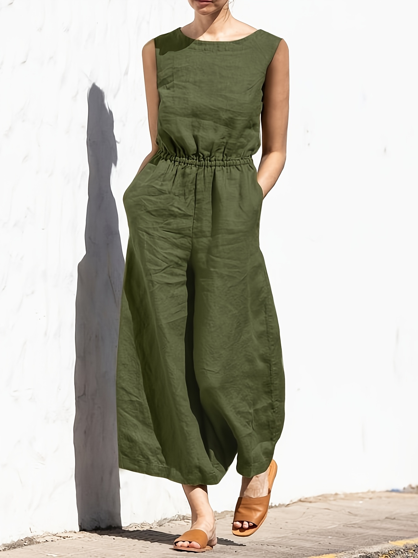 2025 new womens olive green linen sleeveless casual dress - Temu Mexico