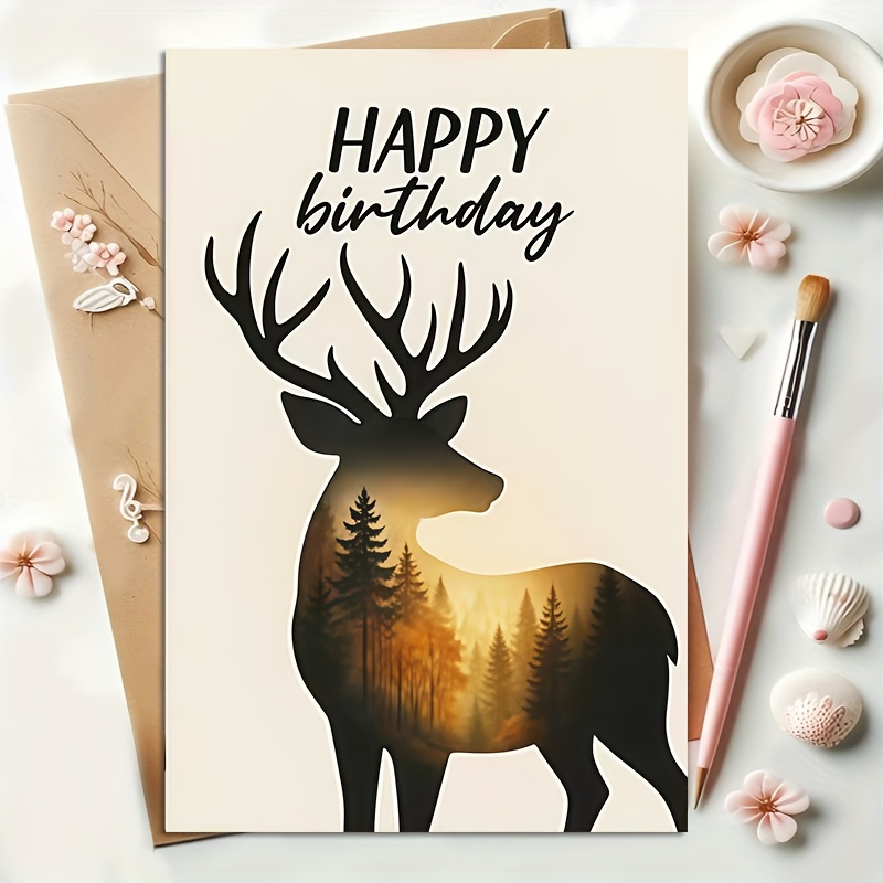 TEMU . Elegante Geburtstagskarte mit Hirschsilhouette und "Happy Birthday" Nachricht - Herzwarmes braun-goldenes Ländliches Waldthema,