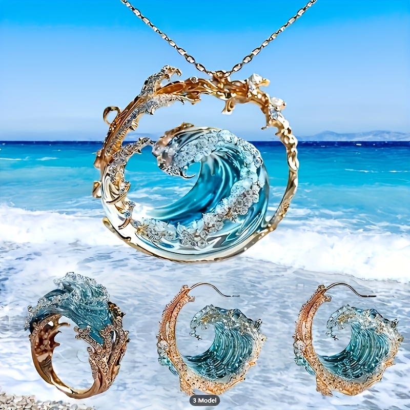 

Ocean Vow 4-piece Women's Jewelry Set, Stylish Bohemian Blue Wave Copper Necklace/earrings/ring. Hot Sale Daily Accessories For Gifting, Banquets, And Parties.