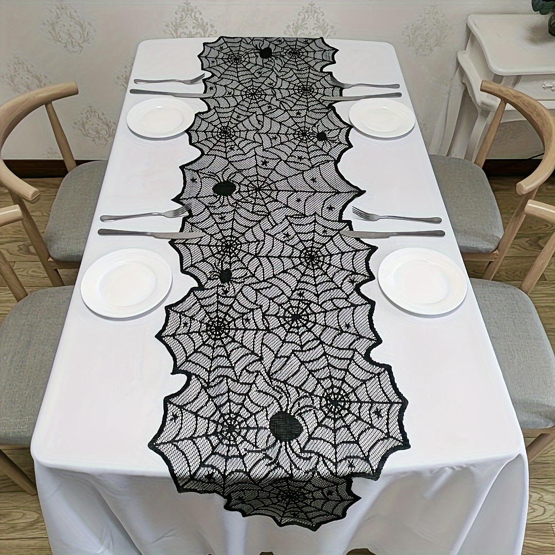 

Black Lace Table Runner With Spider Web Design, Machine-made Gothic Halloween Decoration For Day Of The Dead, Fall, And Winter Holidays - 1 Piece