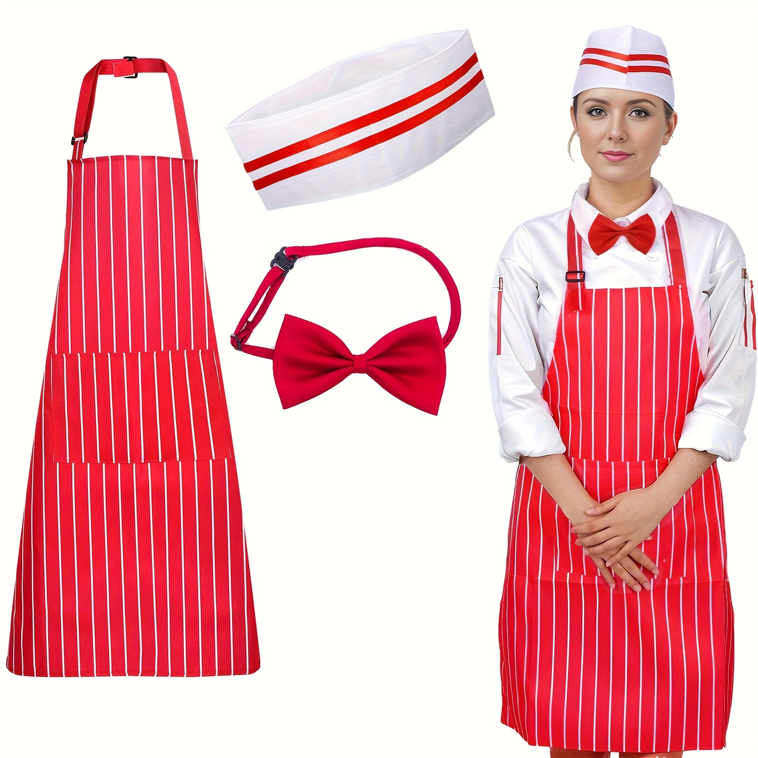 Image of 3pcs 1950s Waiter Costume Kit, Chef Hat Bow Tie Red White Striped Apron Set, Costume Kit For Movie Night Carnivals Circus Party Costume Cosplay Party Halloween