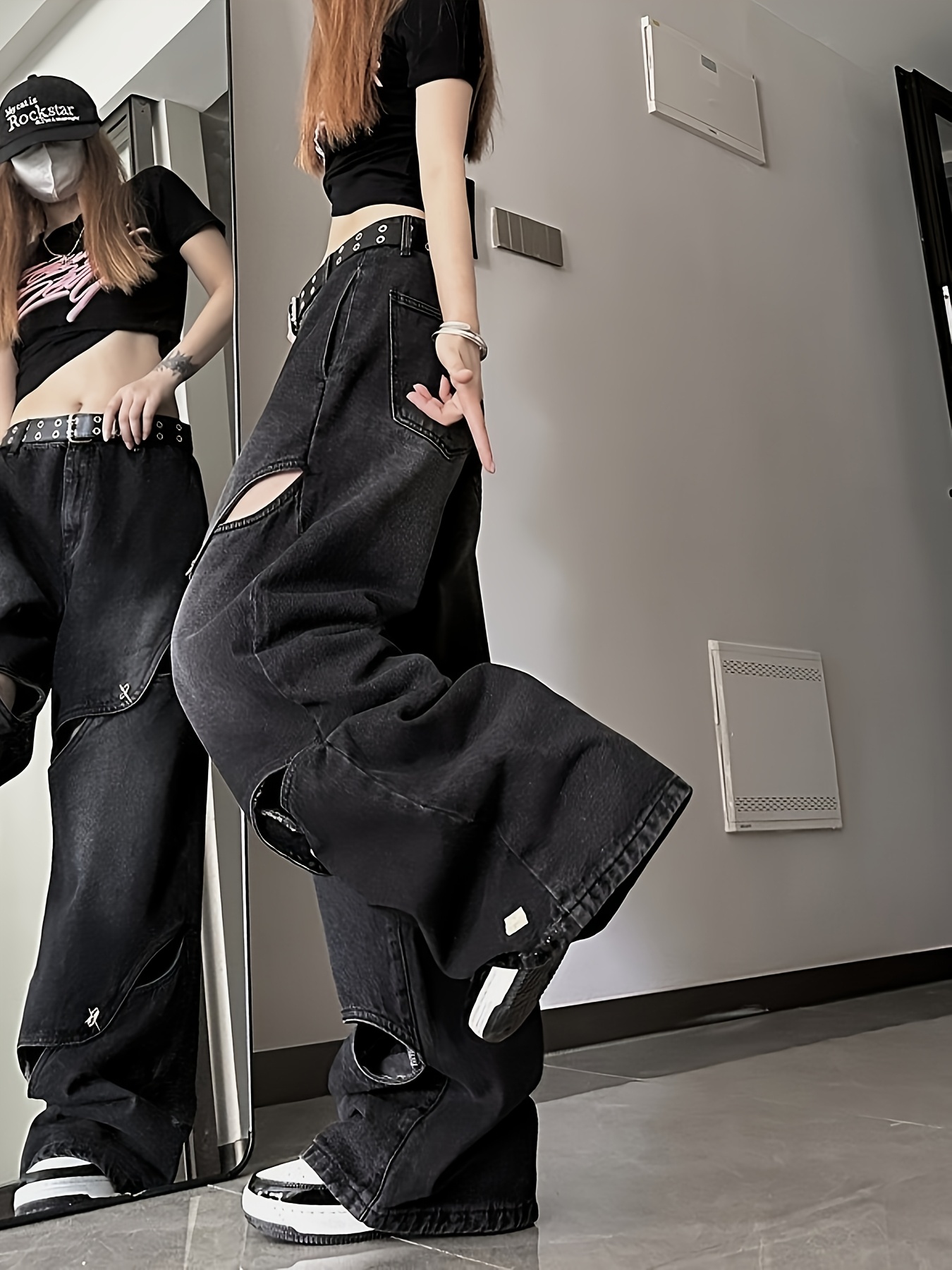 women's high waist distressed denim jeans cut details black Temu