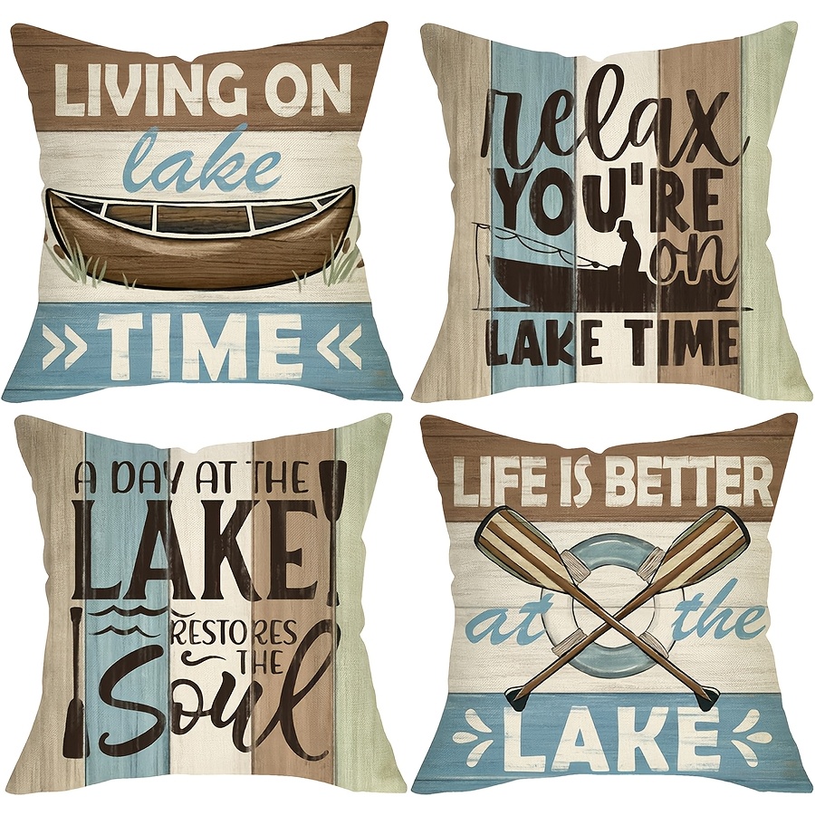 

4pcs Throw Pillow Covers Set - Rustic Farmhouse Decor With Boat & Paddle Designs, , Zip Closure - Couch, Porch, And Outdoor