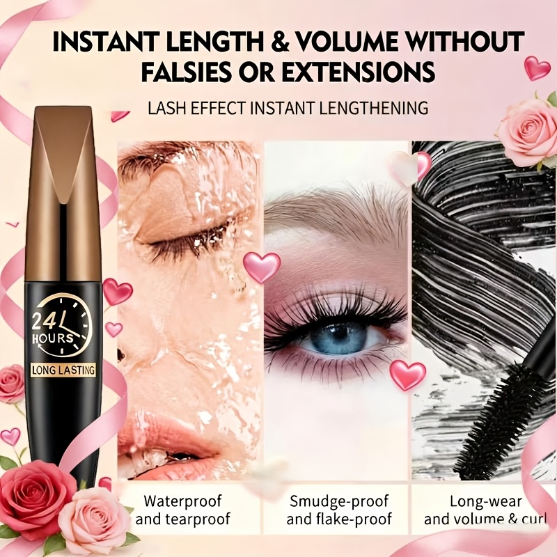2pcs Waterproof Black Fiber Mascara with Eyelash Curler, Long-Wearing, Volumizing, No Clump, Smooth Application