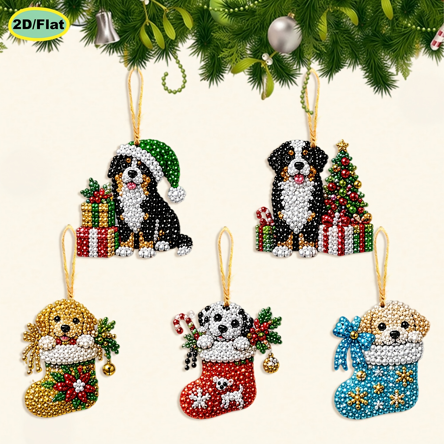 TEMU Diamantschilderij Set van 5 Stuks, DIY Parel Diamantkunst Houten Hangornament, Kerst Thema met Schattige Huisdier Puppy, 2D Platte Verdikte