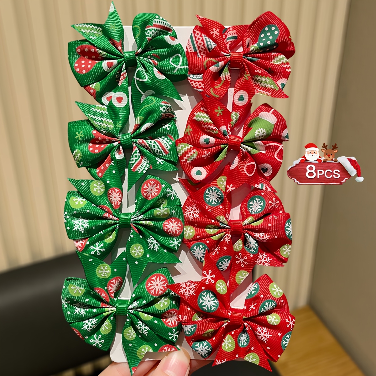 TEMU 8pcs Christmas Bow Hair Clips For Women, Red And Green Christmas Snowflake Printed Ribbon Women's Duckbill Clips, Christmas Party Cosplay
