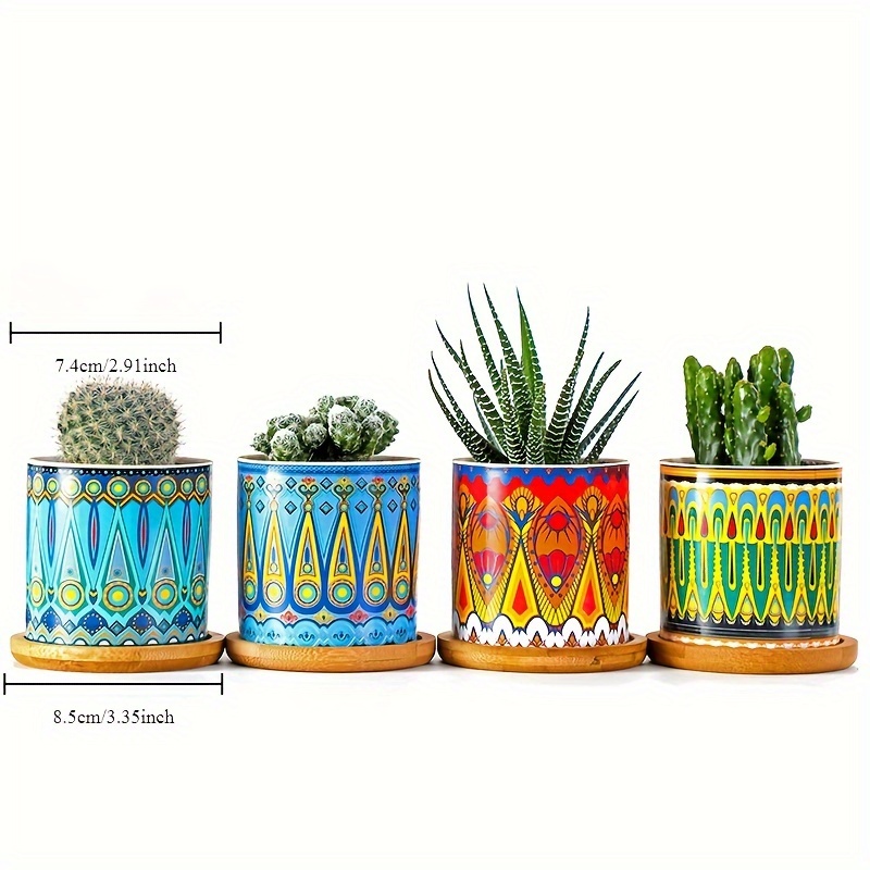 Image of 4pcs Chic Nordic-inspired Ceramic Succulent Planter - Colorful Mandala Design, Round Indoor Flower Pot For Home And Garden Decor Gardening Gift For Home Decor