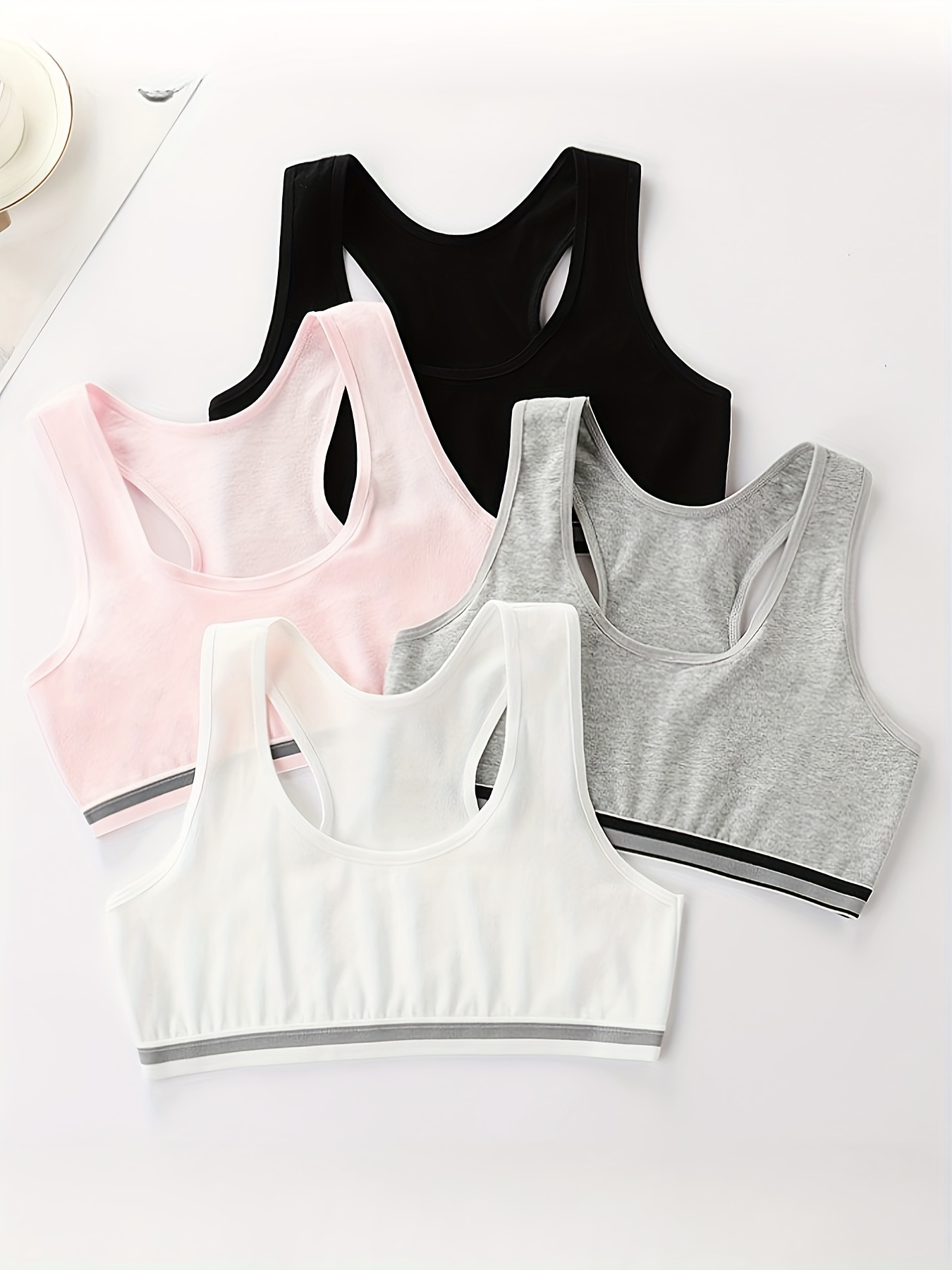 4pcs Set 6-12 Years Old Girl No Steel Ring Underwear Tube Top Cute Solid  Color Striped Underwear Breathable Vest, Student Teen Girl Student Teen Girl