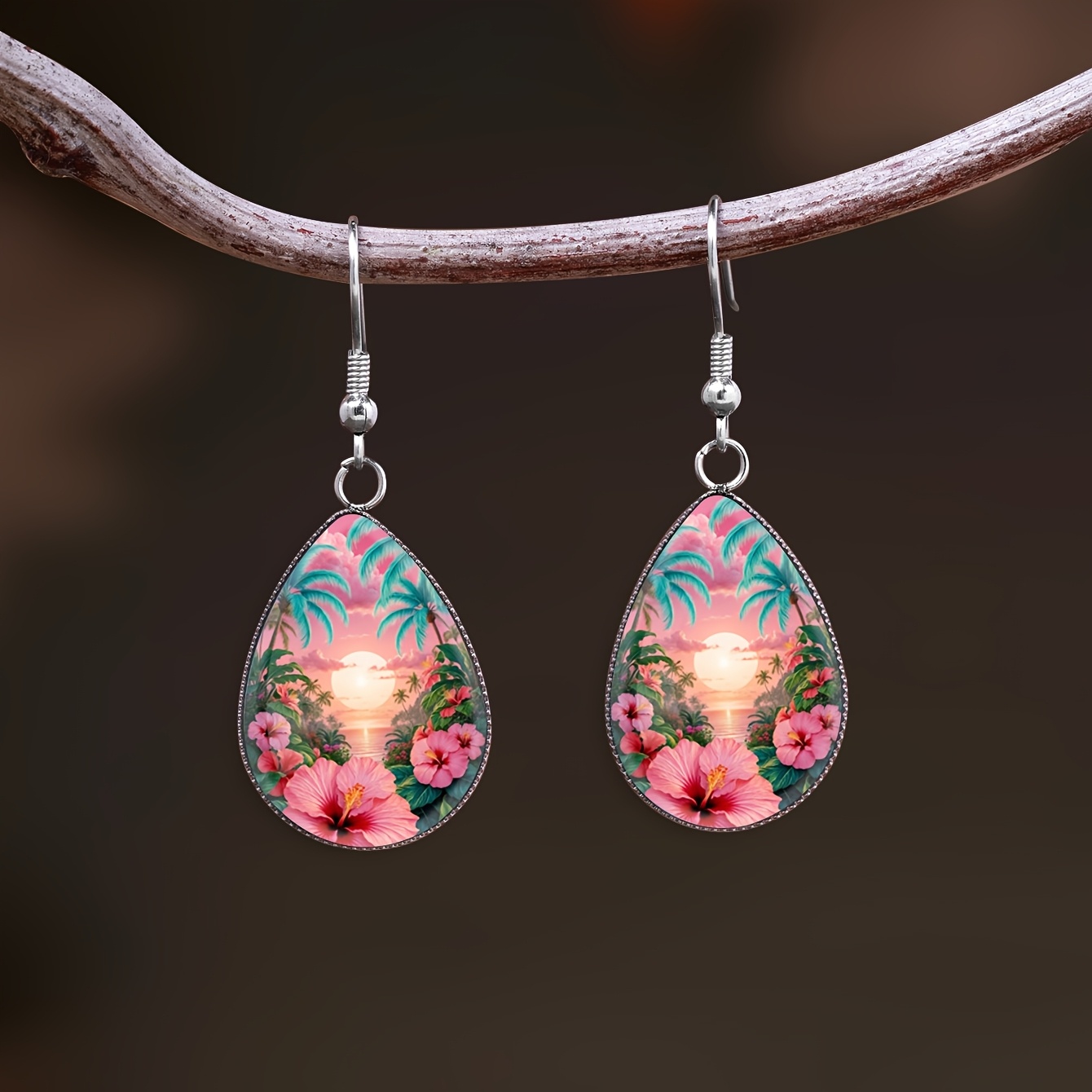 Bohemian Pink Sunset Floral Pattern Earrings, Unisex