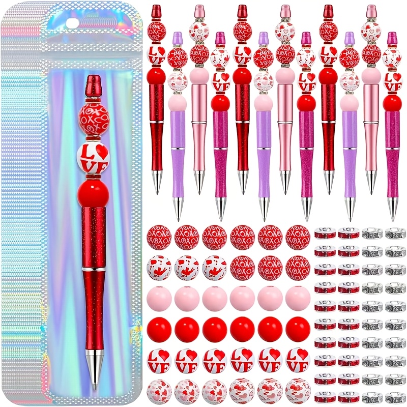 

108pcs, 12 Valentine's Day Bead Pens In Colors, 76 Beads, 20 Packaging Bags, A Bead Pen Making Kit For Valentine's Gifts, Diy Accessory Components, Ideal For Handmade Gifts For, The For Gifting.