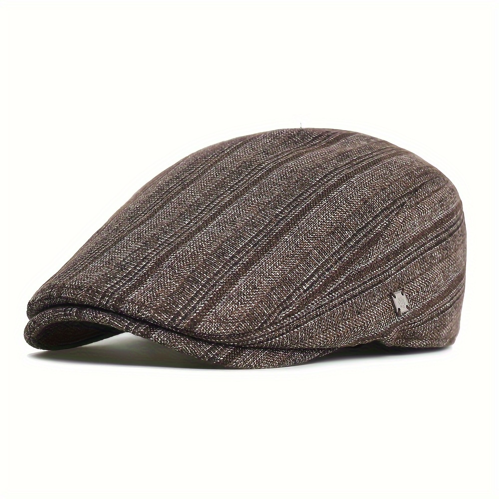 Image of Winter Autumn Newsboy Cap Men Women Thick Warm Vintage Casual Stripe Berets Flat Hat Peaked Cap Adjustable