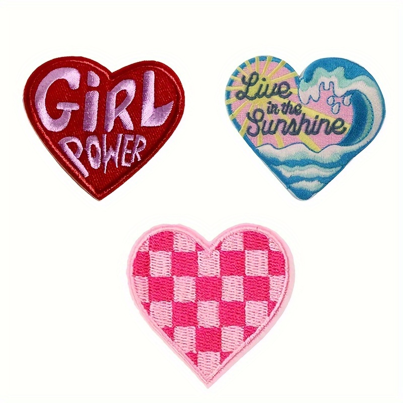 Set of 3 Embroidered Appliqué Patches - Heart-Shaped with "Girl Power" and "Live in the Sunshine" Motifs, Mixed Colors - Iron-On Decorative Badges for