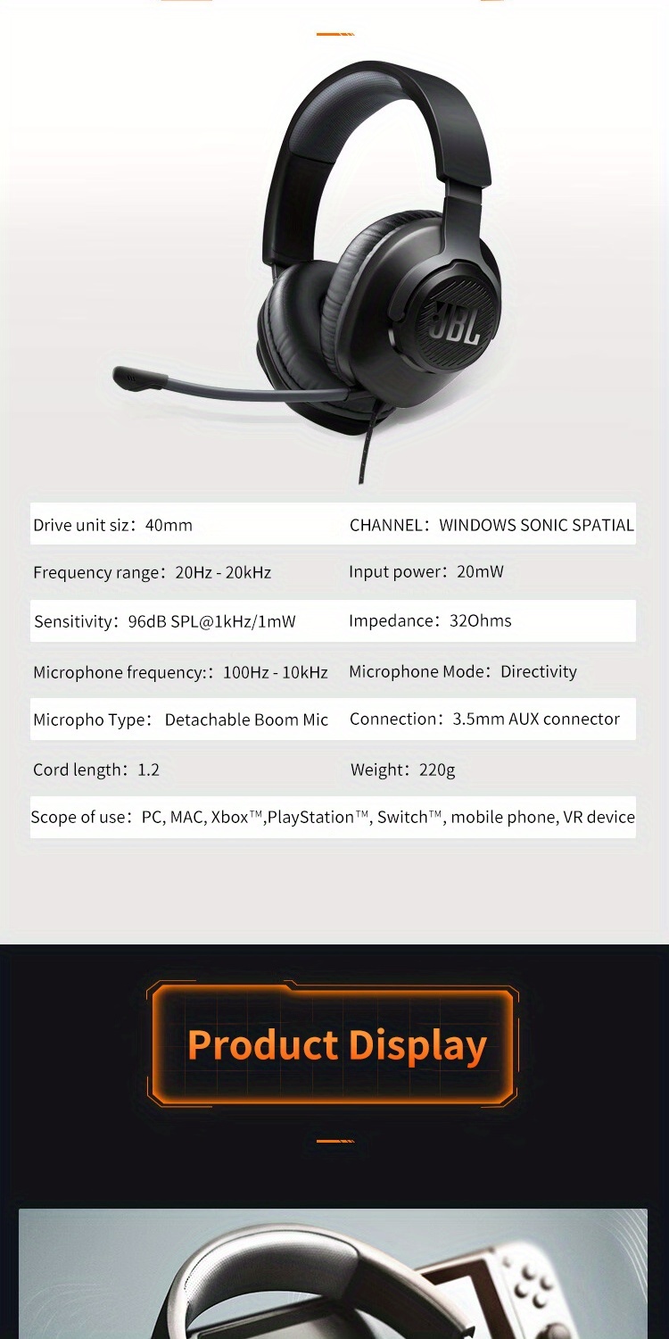 JBL Quantum 100 Over-Ear Gaming Headset, Music Playback Headset, Gaming Headset 3.5mm Connector, Clearly Distinguish Microphone, Mobile Phone, Computer Headset, Gaming Wired Headset
