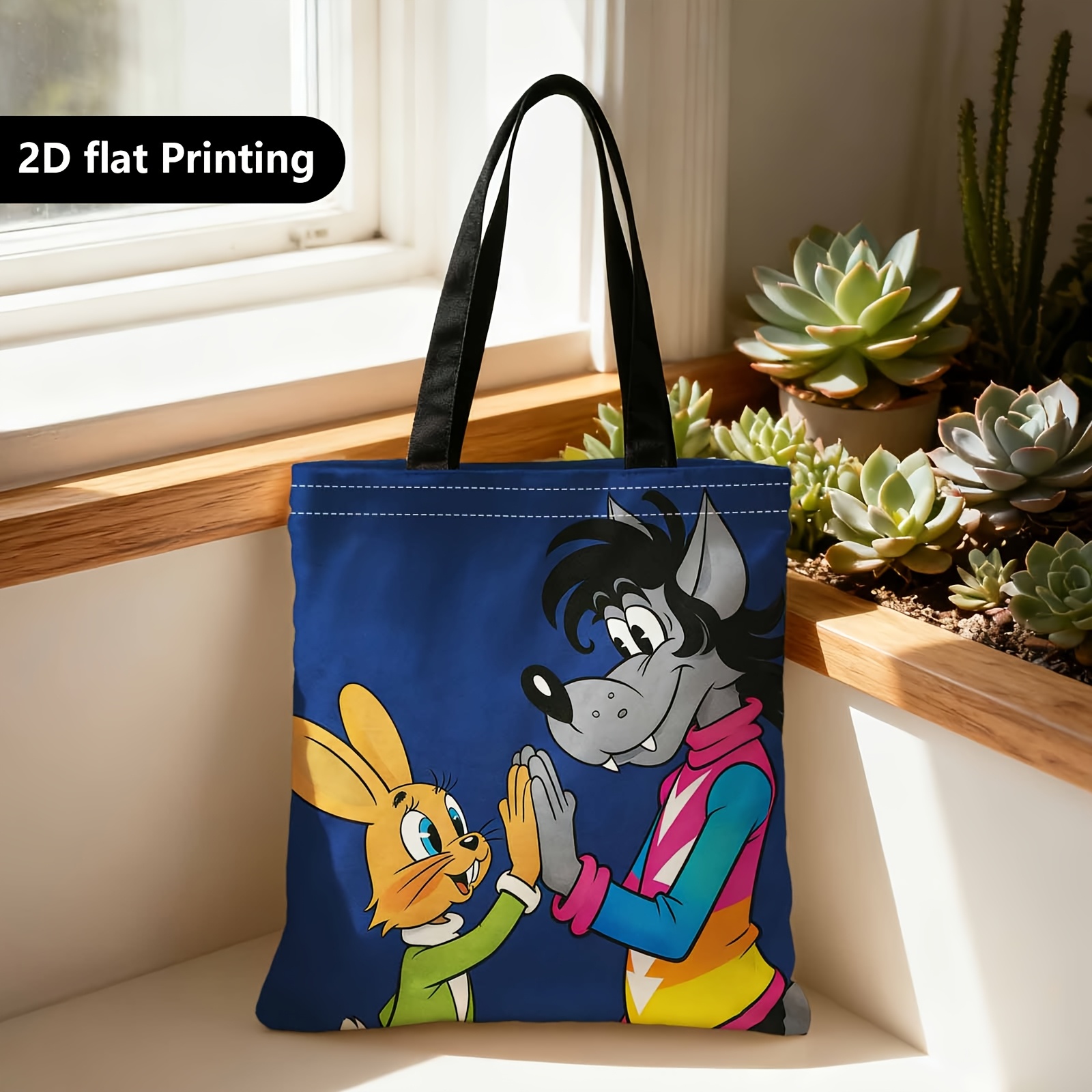 E-shop 2D Doppelseitiger Einkaufstasche mit Cartoonfiguren | Hasen- und Wolf-Design, tragbare Schulter, Rücken- und Handtasche, geeignet für Reisen,