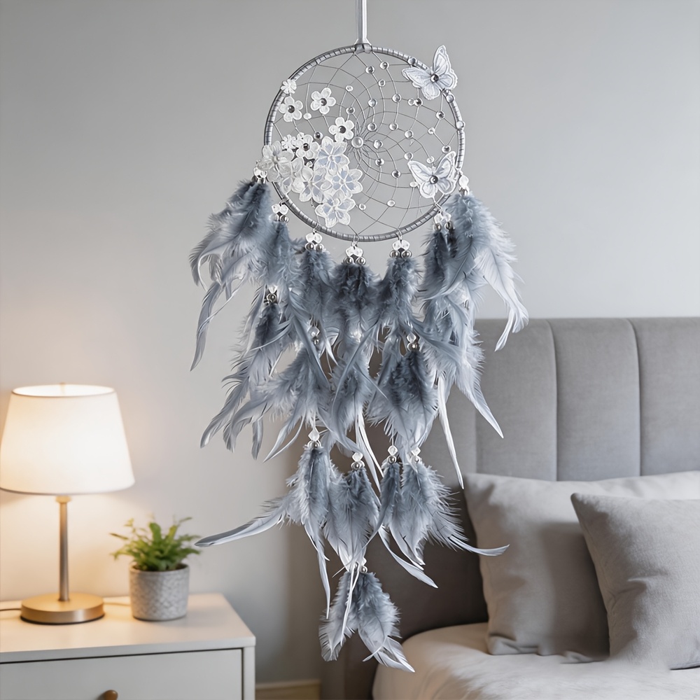 Handmade Silvery Butterfly Floral Grey Gradient Feather Dream Catcher
