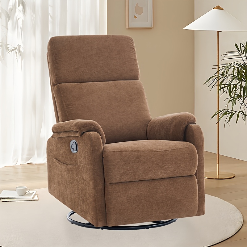 Upholstered Recliner Swivel Rocker Recliner Chair - Small Space Recliner With Glider Function, Brown Fabric Nursery Glider Recliner