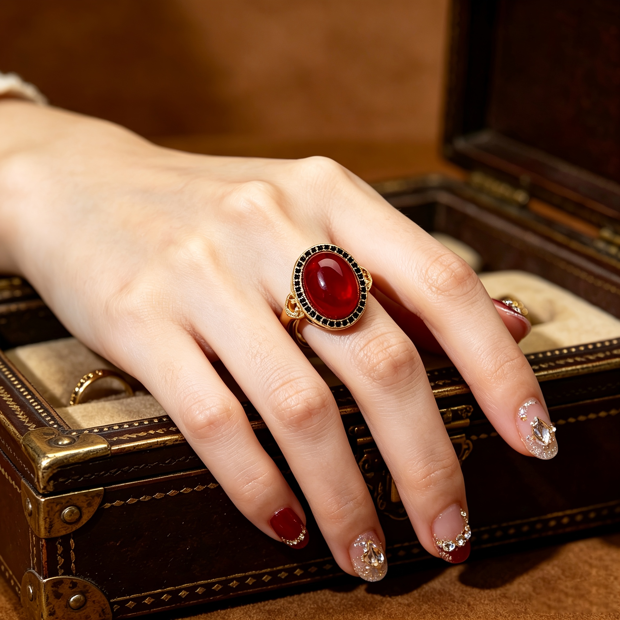 Women's Retro Court Style Red Agate & Black Zirconia Ring