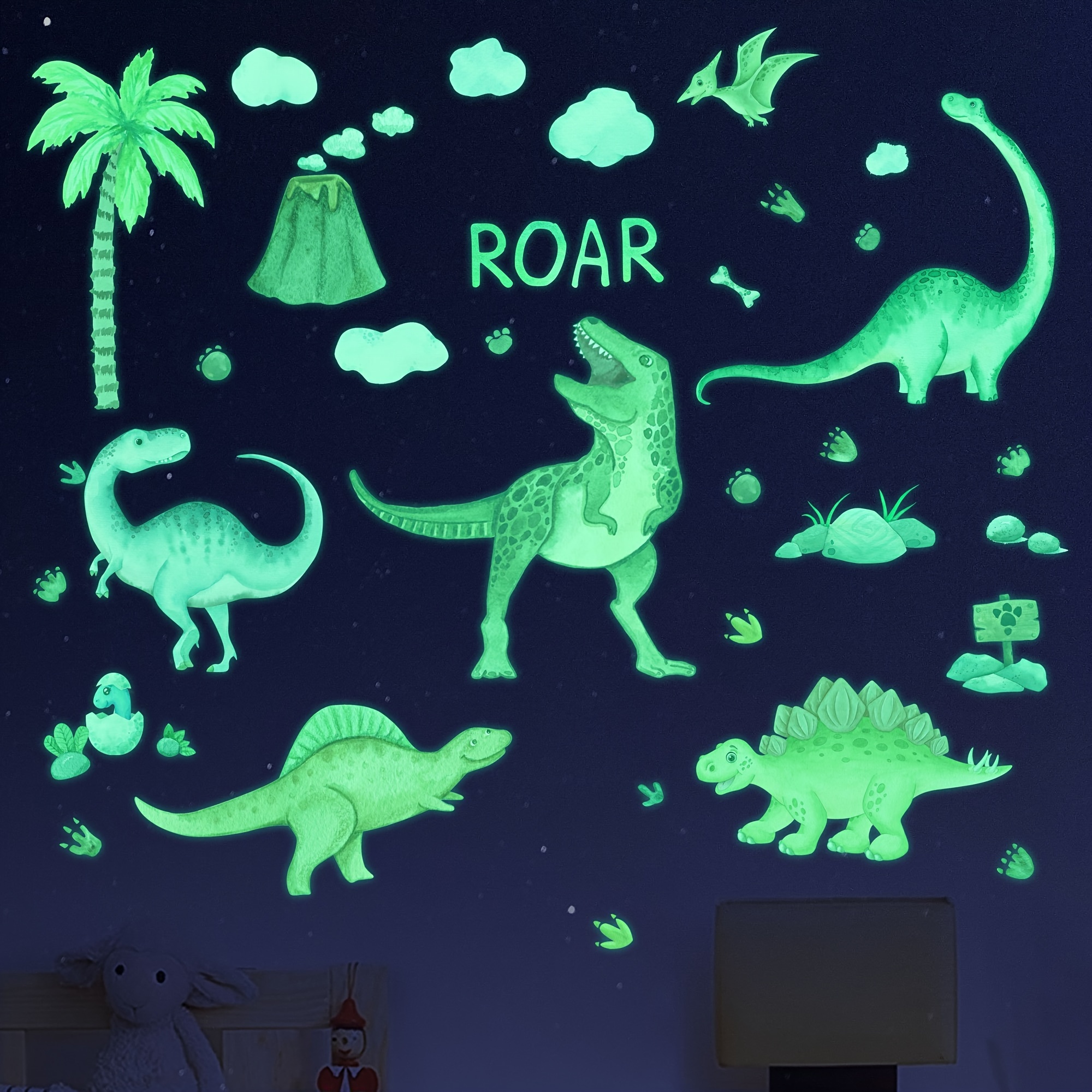 Image of 1 Set Dinosaur Wall Decals, Luminous Dinosaur Wall Stickers, Watercolor Dinosaur Decal, Large Removable Vinyl Dino Wall Decals For Bedroom, Playroom Living Room Wall Decor