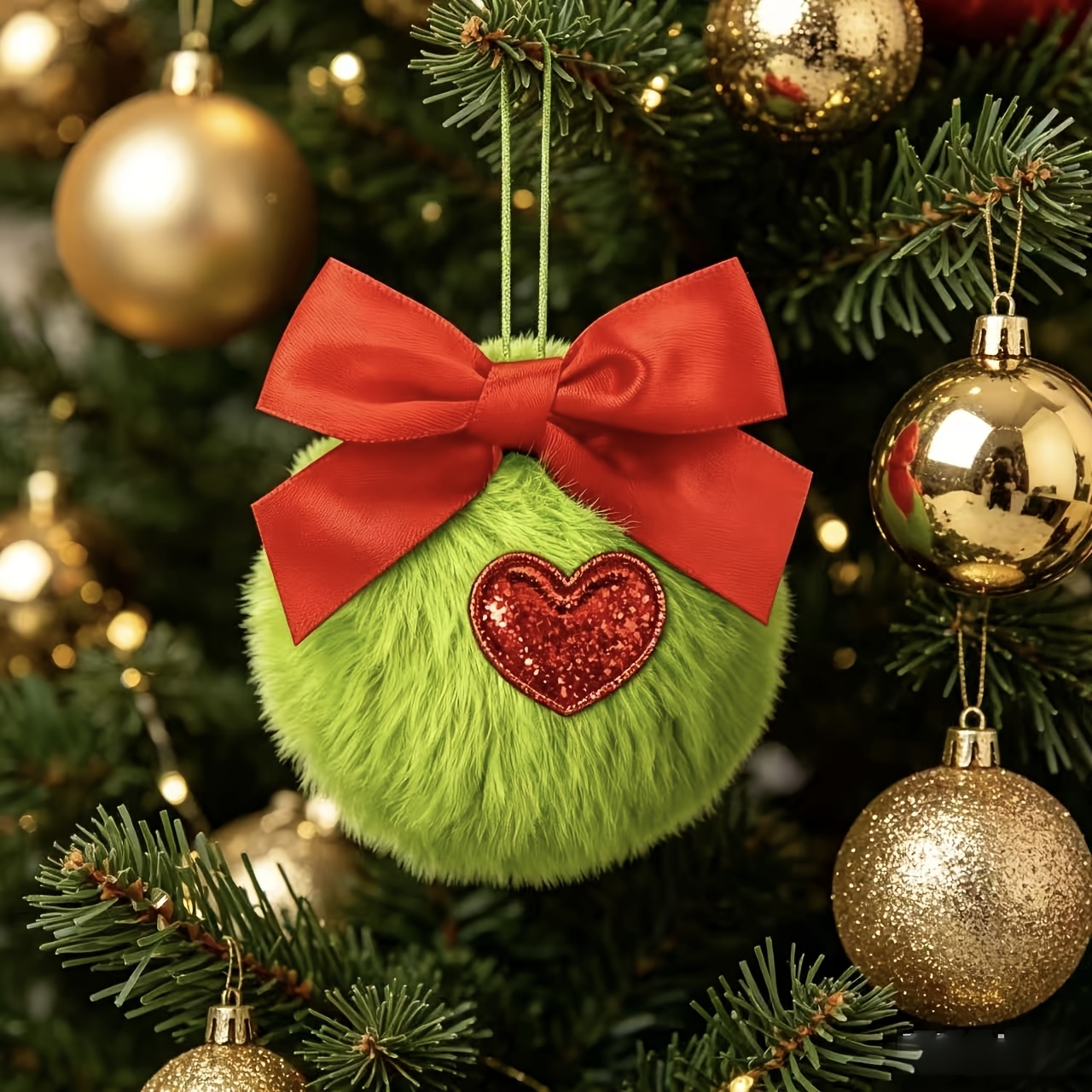 TEMU 6 Glittery Green Fluffy Christmas Ball Ornaments, Fluffy Elf Ornaments With Red Bow Heart Plush Balls, Suitable For Christmas Tree Hanging