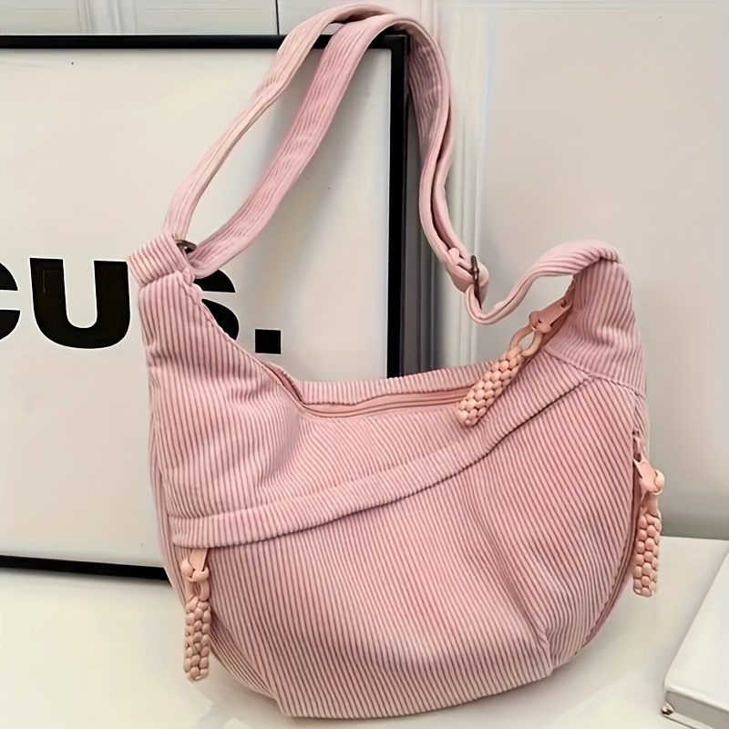 TEMU Soft Corduroy Shoulder Bag - Pink, Adjustable Shoulder Strap, Zip Closure, Suitable For Work, Shopping, And Travel, Everyday Bag | Vintage Style
