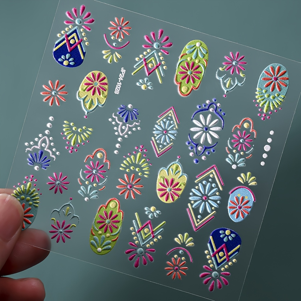 Image of 1pc Of Vibrant Bohemian For Nail Art Stickers Featuring 5d Embossed Floral Designs - Self-adhesive Vintage For Nail Embellishments For Decorating For Nails