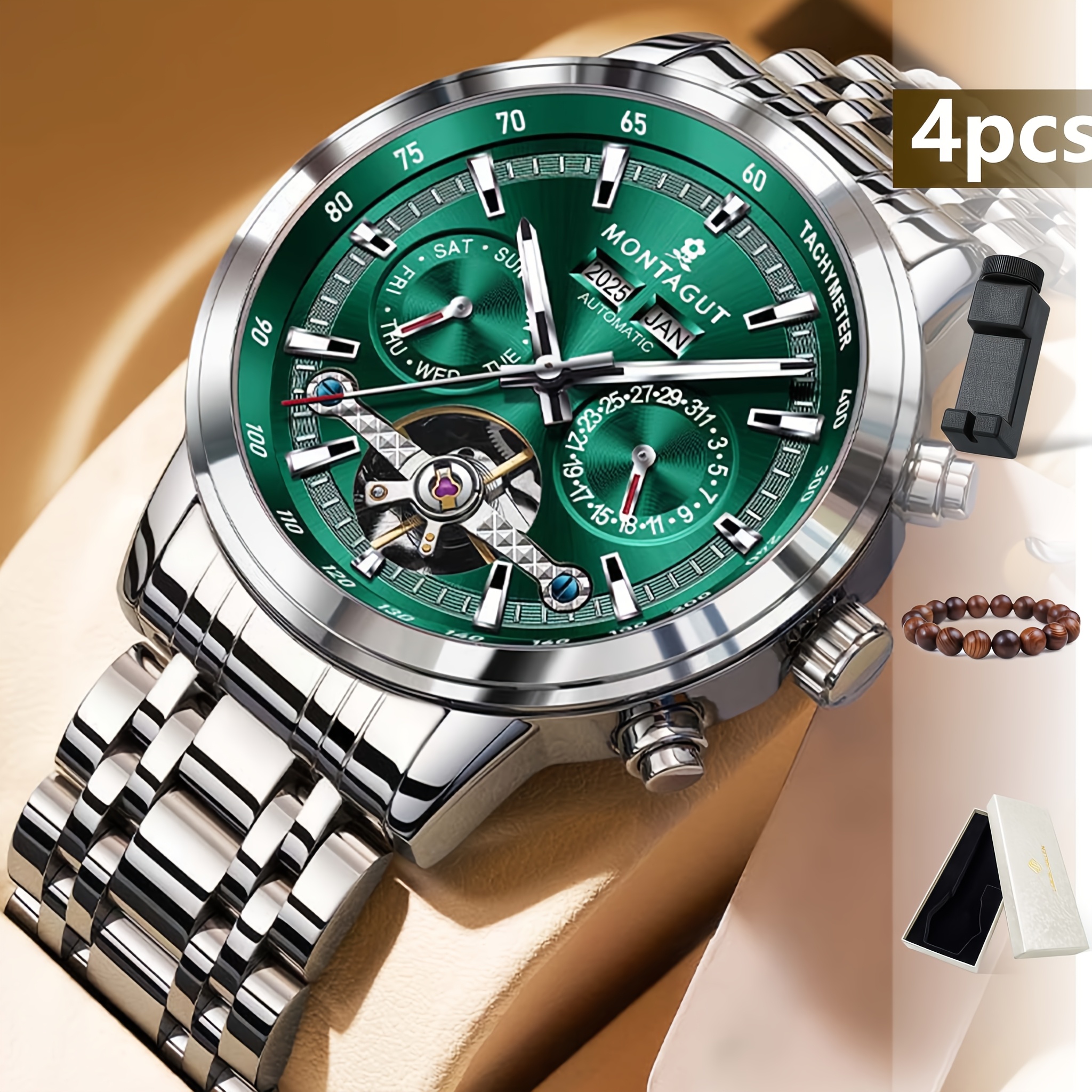 (high-end Brand) 4pcs Men's Mechanical Watches, Multiple Colors , Lightweight Luxury, Premium Silvery Versatile Business Men's Watch